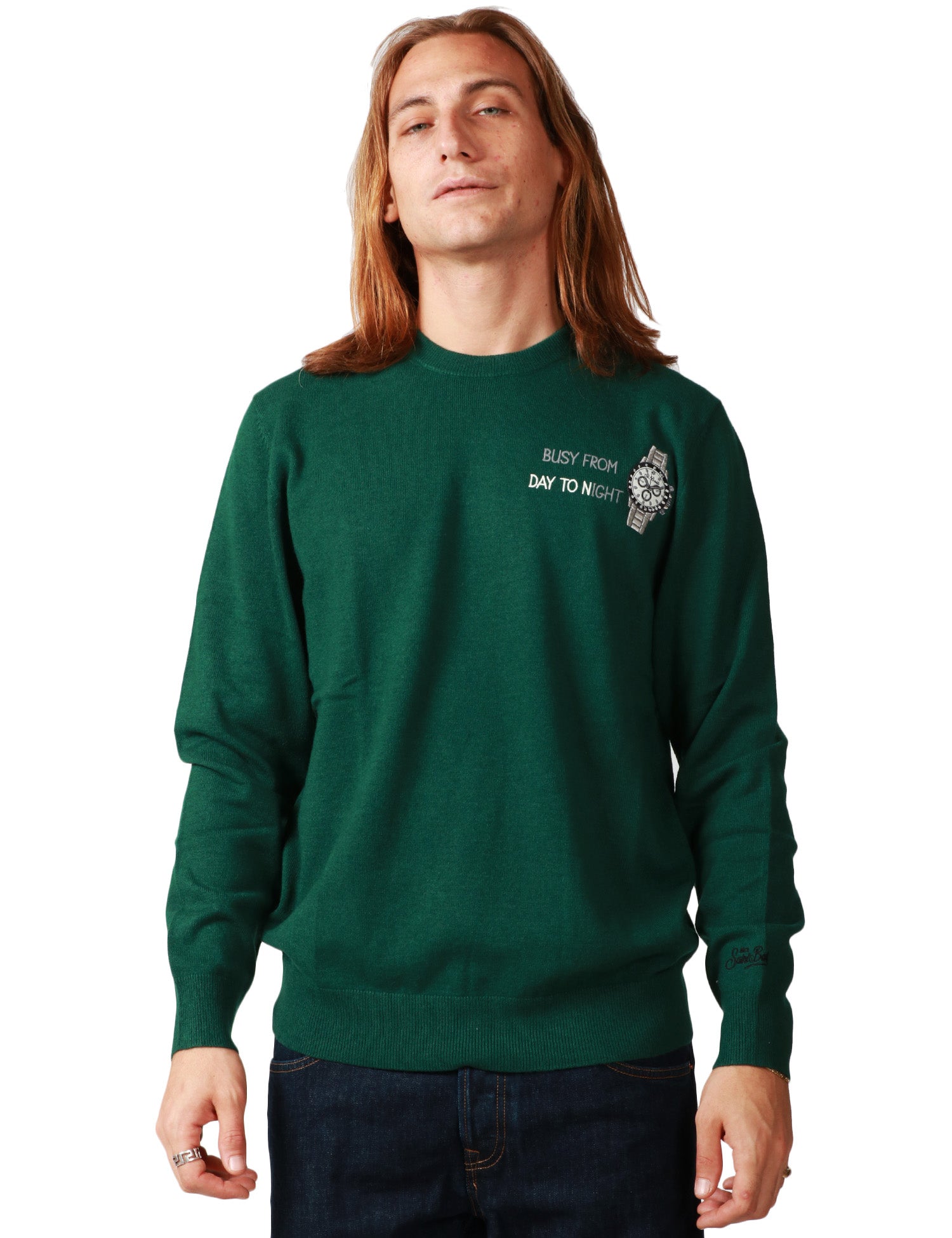 MAGLIONE UOMO MC 2 SAINT BARTH GREEN CON RICAMO "BUSY FROM DAY TO NIGHT" E OROLOGIO IN MISTO CASHMERE