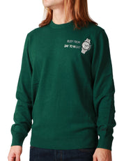 MAGLIONE UOMO MC 2 SAINT BARTH GREEN CON RICAMO "BUSY FROM DAY TO NIGHT" E OROLOGIO IN MISTO CASHMERE