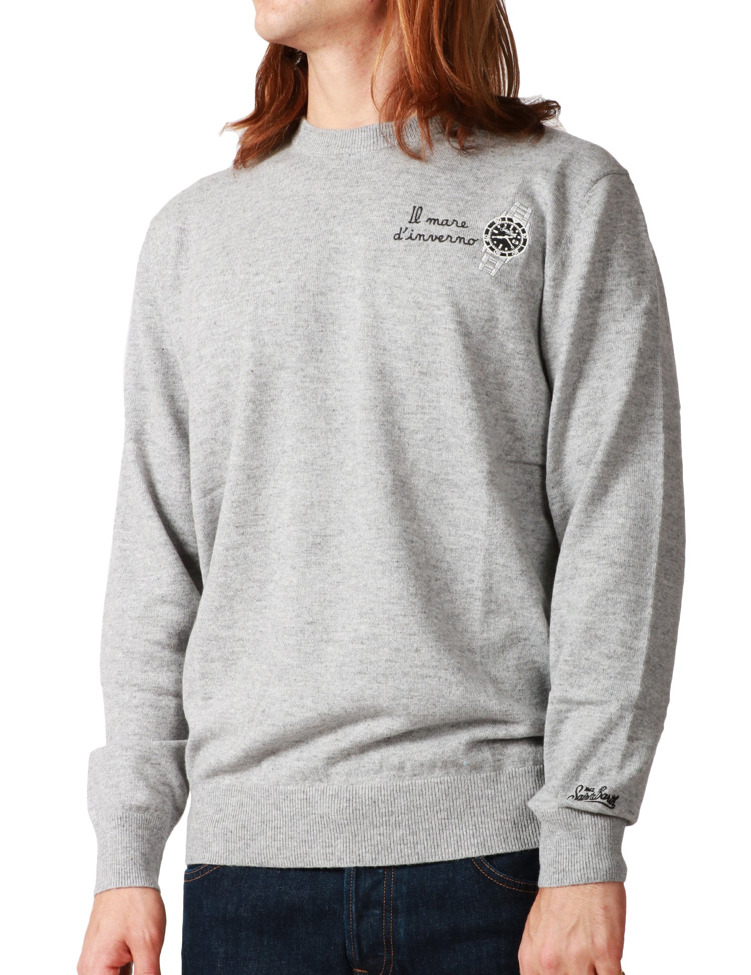 MAGLIONE UOMO MC 2 SAINT BARTH HERON GRIGIO CON RICAMO "IL MARE D'INVERNO" E OROLOGIO IN MISTO CASHMERE