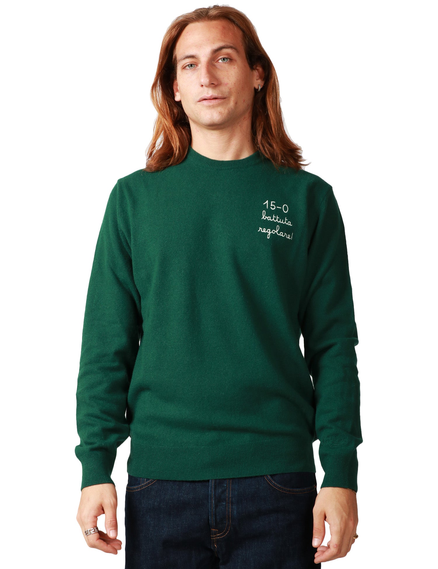 MAGLIONE UOMO MC 2 SAINT BARTH HERON VERDE CON RICAMO "15-0 BATTUTA REGOLARE" IN MISTO CASHMERE