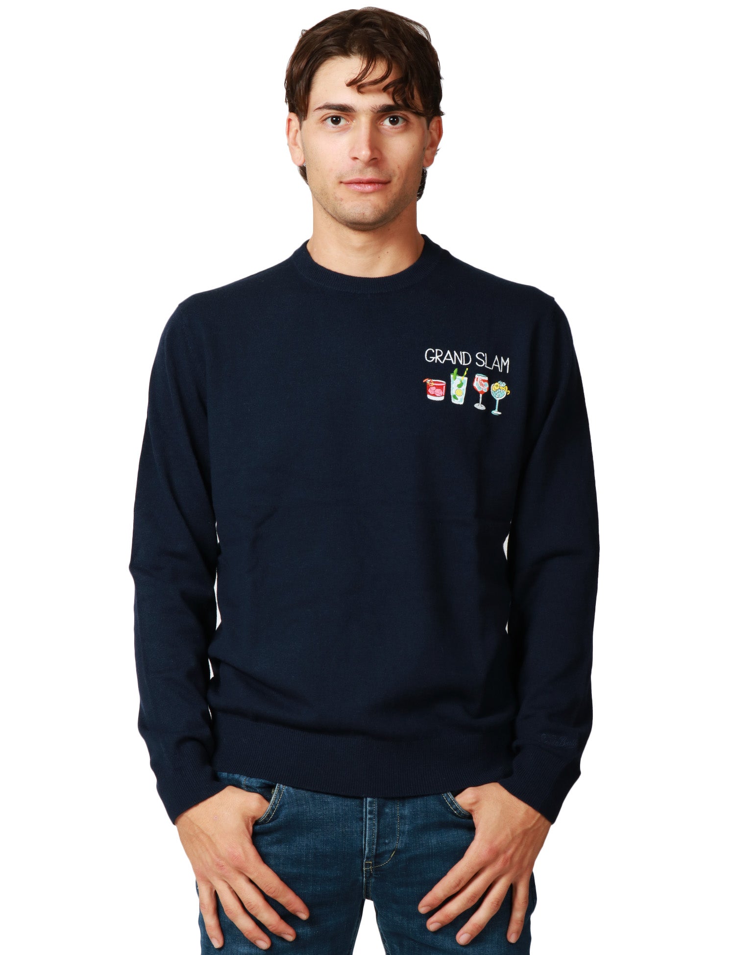 MAGLIONE UOMO MC 2 SAINT BARTH HERON BLU GIROCOLLO CON RICAMO "GRAND SLAM" IN MISTO CASHMERE E LANA