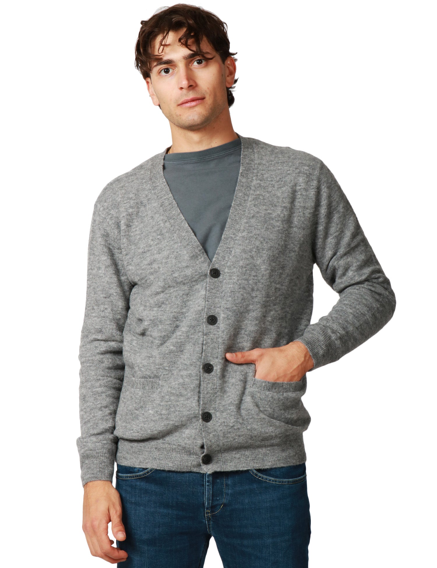 CARDIGAN UOMO MC 2 SAINT BARTH HERRISON GRIGIO MELANGE IN LANA ALPACA CON SCOLLO A V E BOTTONI