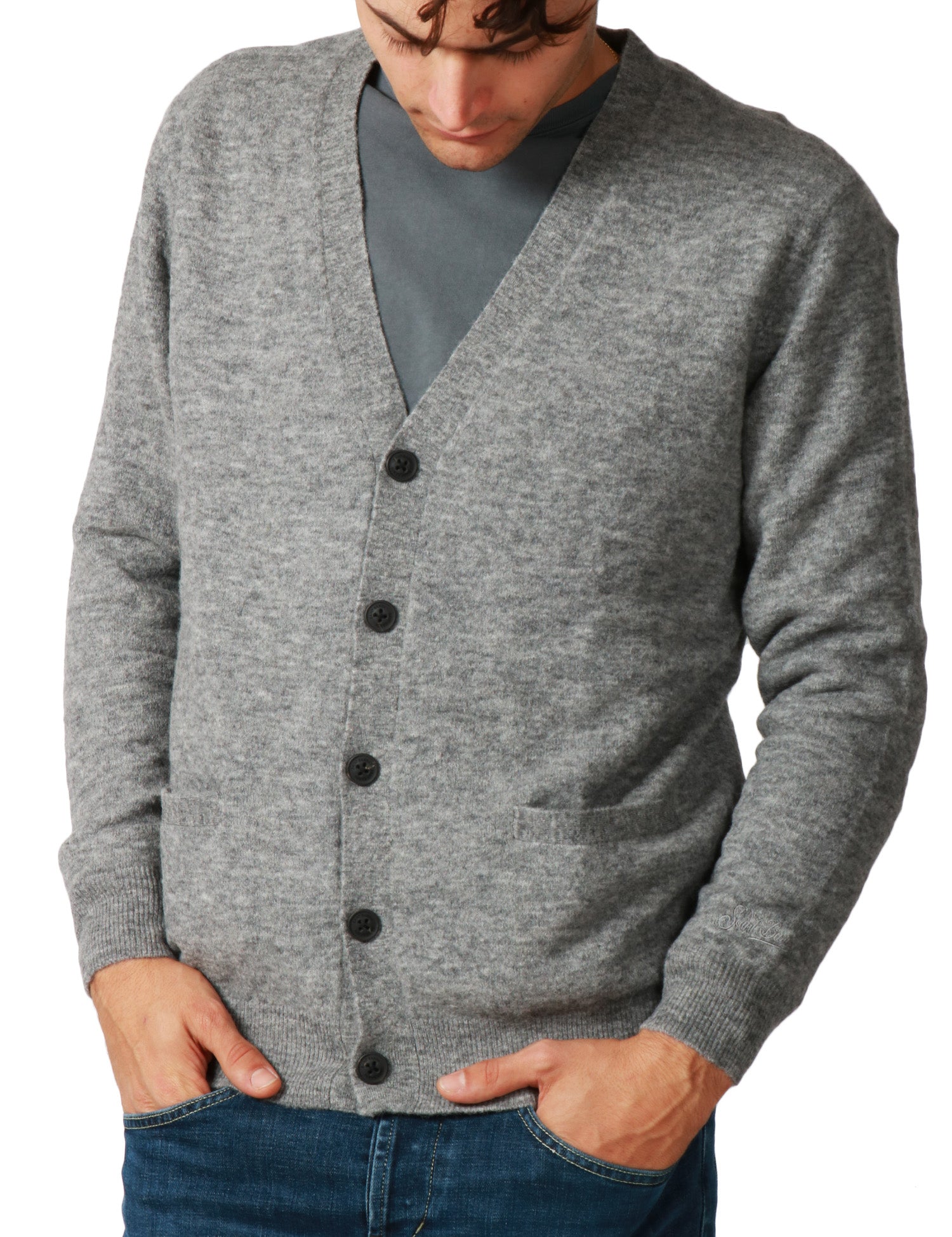 CARDIGAN UOMO MC 2 SAINT BARTH HERRISON GRIGIO MELANGE IN LANA ALPACA CON SCOLLO A V E BOTTONI
