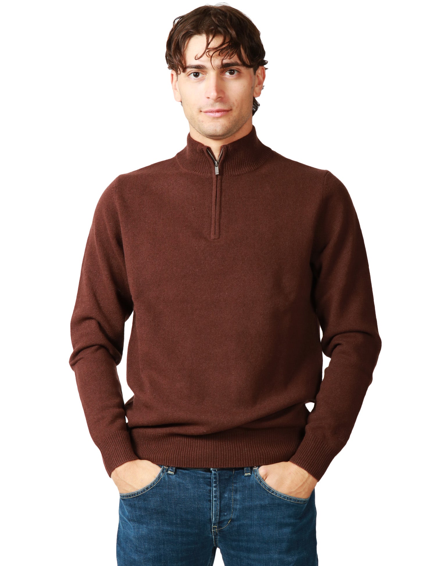 MAGLIONE UOMO MC 2 SAINT BARTH JERMYN BROWN 100% LAMBSWOOL CON MEZZA ZIP
