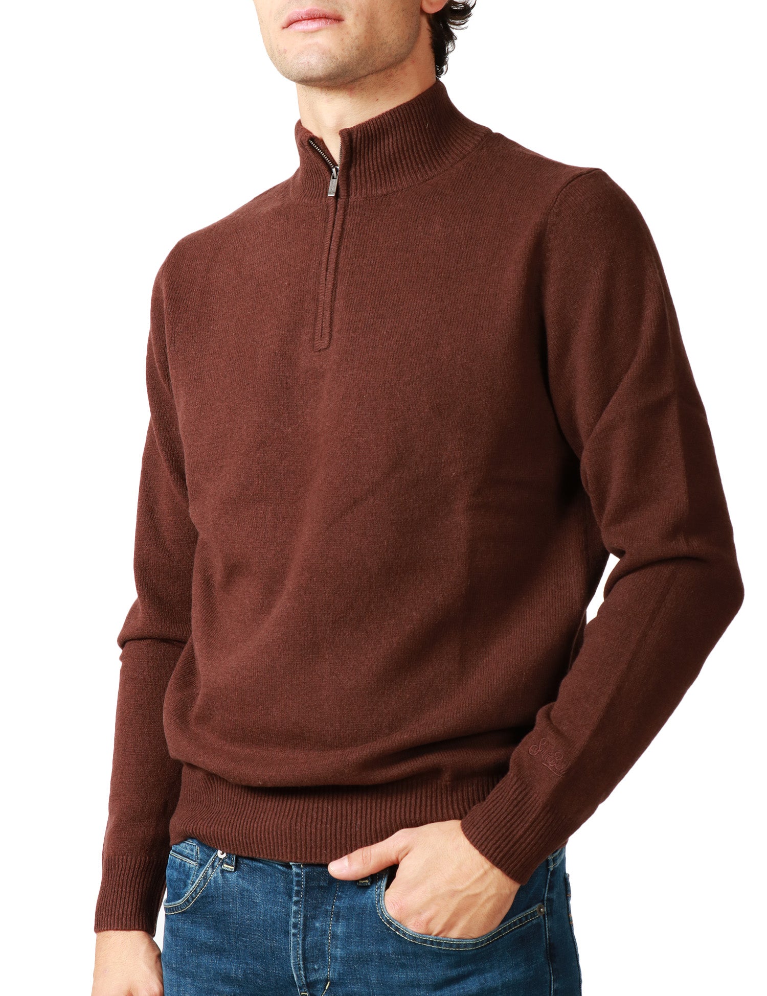 MAGLIONE UOMO MC 2 SAINT BARTH JERMYN BROWN 100% LAMBSWOOL CON MEZZA ZIP