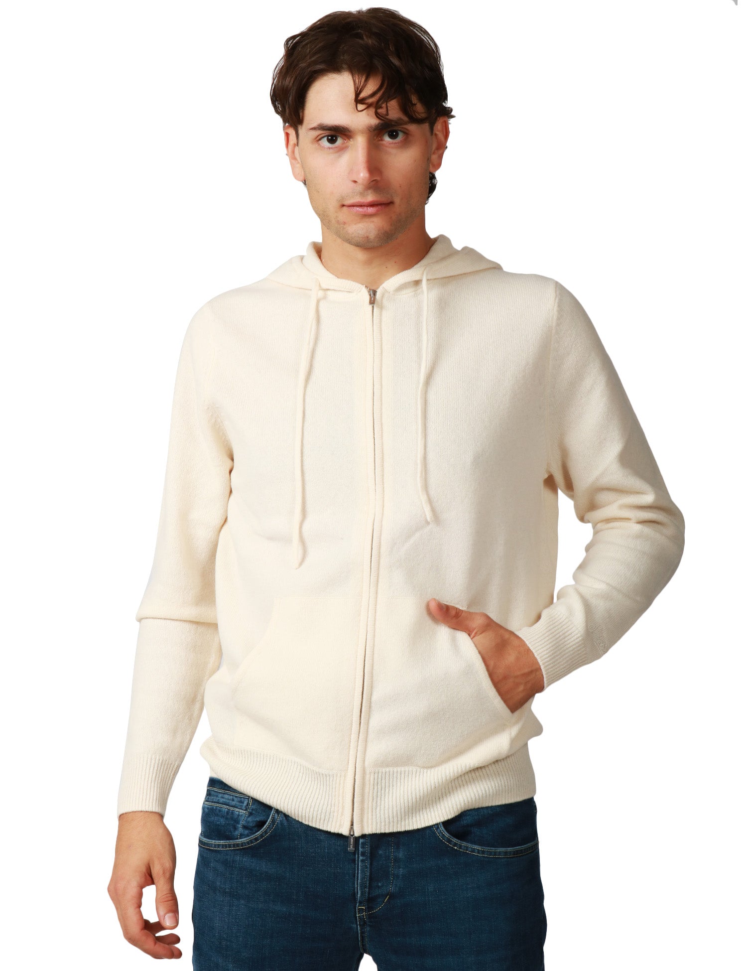 FELPA UOMO MC 2 SAINT BARTH NOTTING BIANCA CON ZIP E CAPPUCCIO 100% LAMBSWOOL