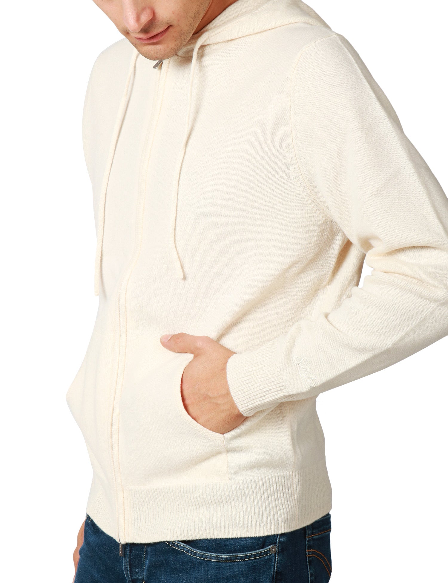 FELPA UOMO MC 2 SAINT BARTH NOTTING BIANCA CON ZIP E CAPPUCCIO 100% LAMBSWOOL