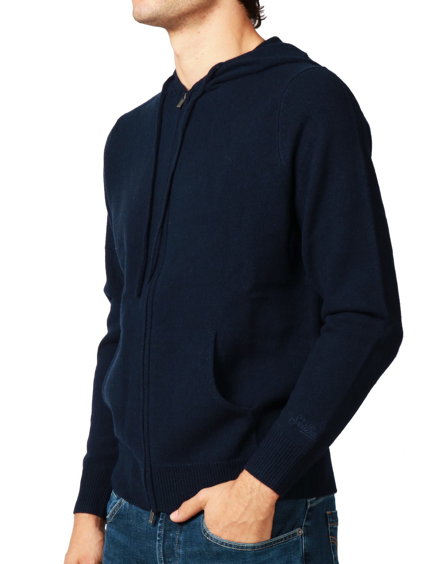 FELPA UOMO MC 2 SAINT BARTH NOTTING BLU CON ZIP E CAPPUCCIO 100% LAMBSWOOL