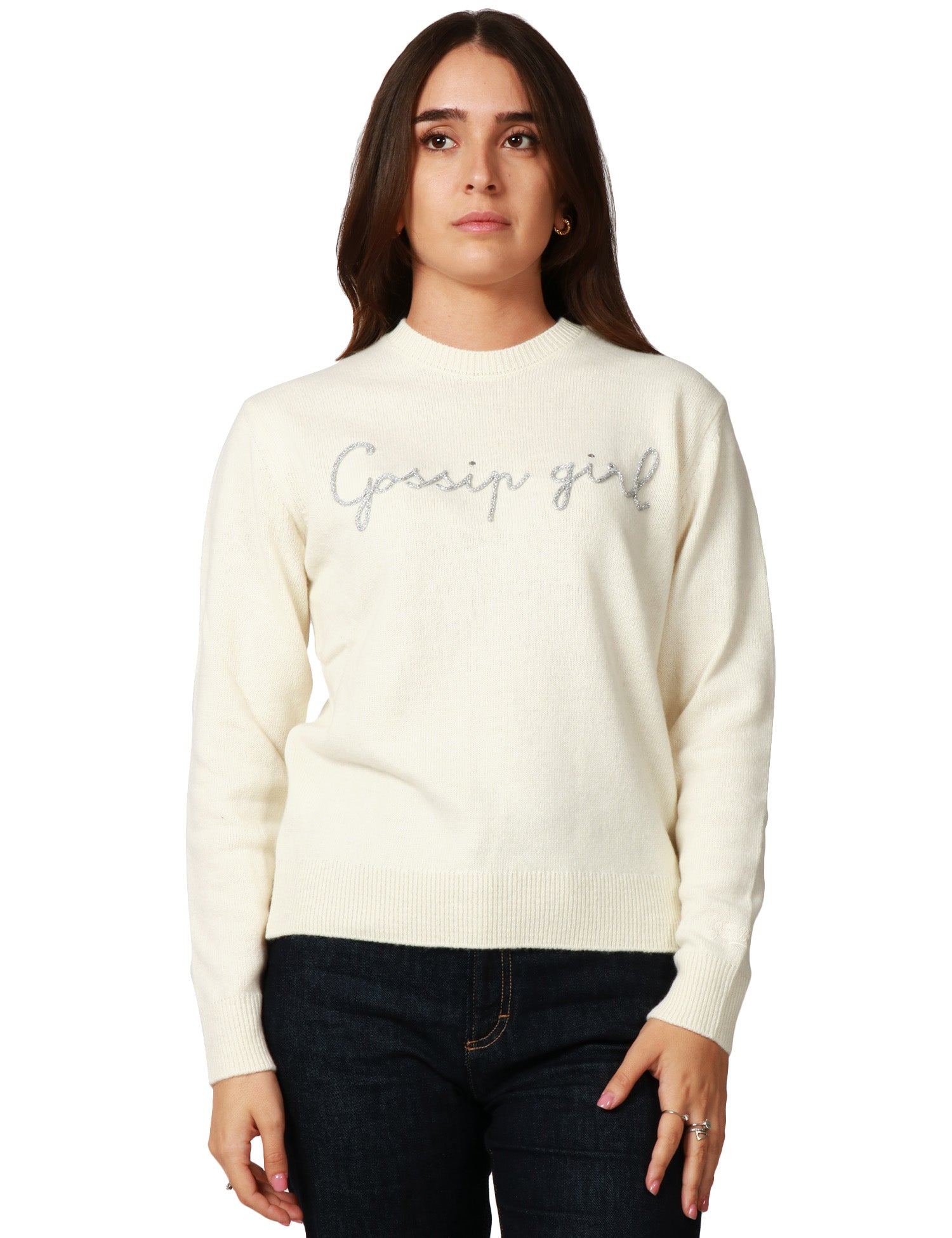 MAGLIONE DONNA MC 2 SAINT BARTH WHITE CON RICAMO LUREX "GOSSIP GIRL" IN MISTO CASHMERE