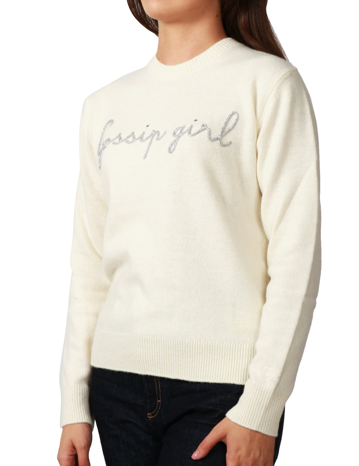 MAGLIONE DONNA MC 2 SAINT BARTH WHITE CON RICAMO LUREX "GOSSIP GIRL" IN MISTO CASHMERE