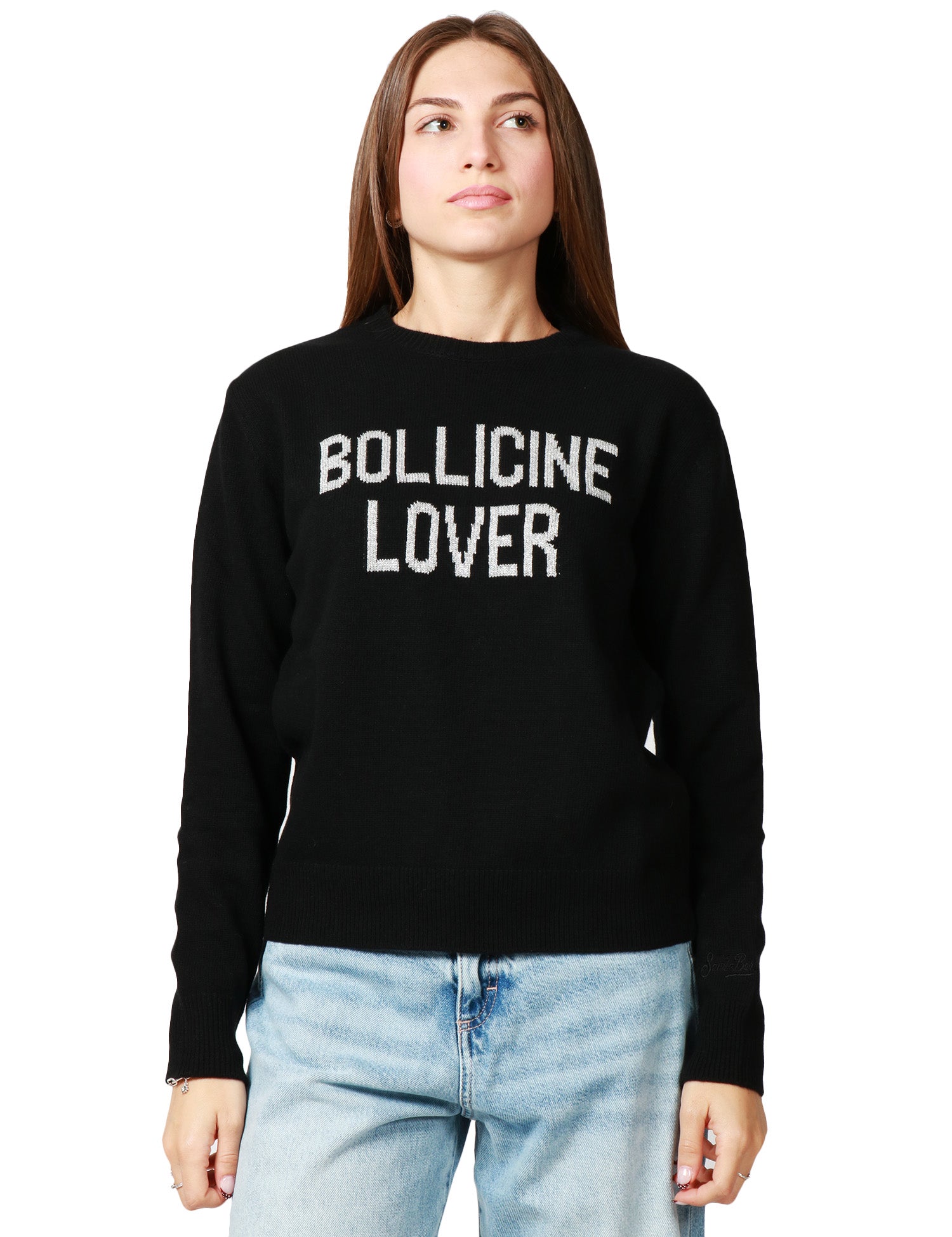 MAGLIONE DONNA MC 2 SAINT BARTH NERO CON STAMPA "BOLLICINE LOVER" IN MISTO CASHMERE