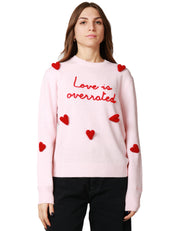 MAGLIONE DONNA MC 2 SAINT BARTH PINK CON RICAMO "LOVE IS OVERRATED" E CUORI APPLICATI IN MISTO CASHMERE