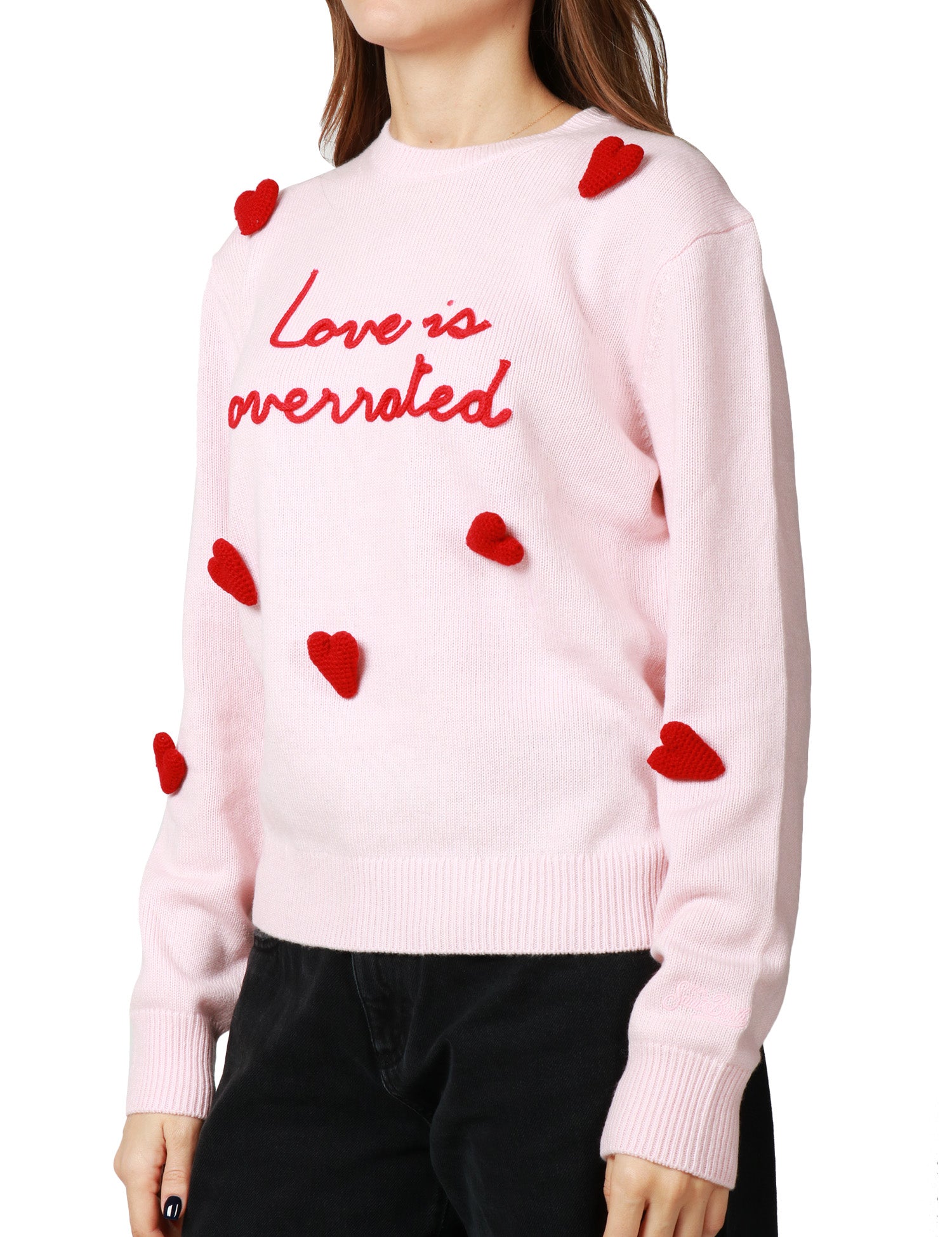 MAGLIONE DONNA MC 2 SAINT BARTH PINK CON RICAMO "LOVE IS OVERRATED" E CUORI APPLICATI IN MISTO CASHMERE