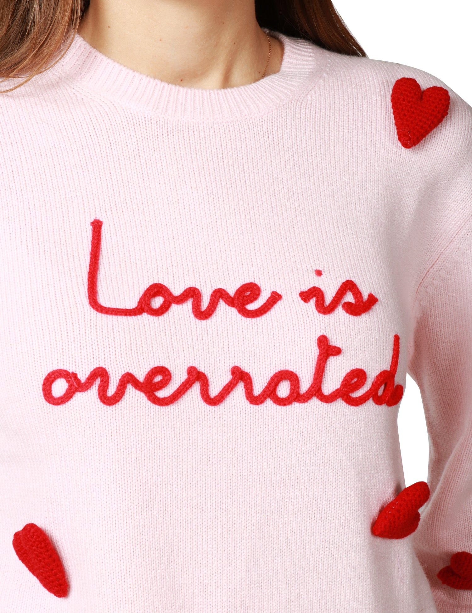 MAGLIONE DONNA MC 2 SAINT BARTH PINK CON RICAMO "LOVE IS OVERRATED" E CUORI APPLICATI IN MISTO CASHMERE