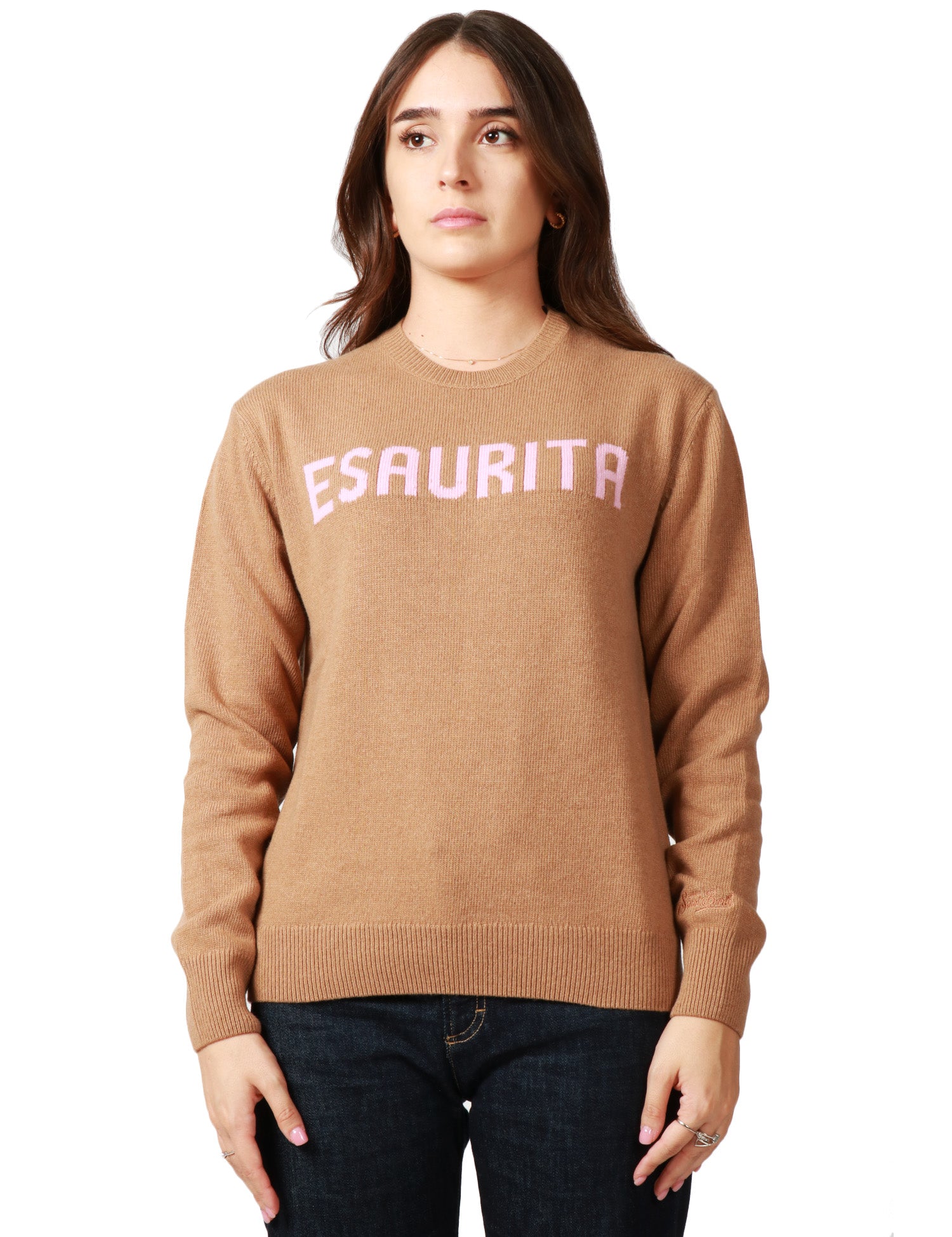 MAGLIONE DONNA MC 2 SAINT BARTH CAMEL CON SCRITTA "ESAURITA" IN MISTO CASHMERE