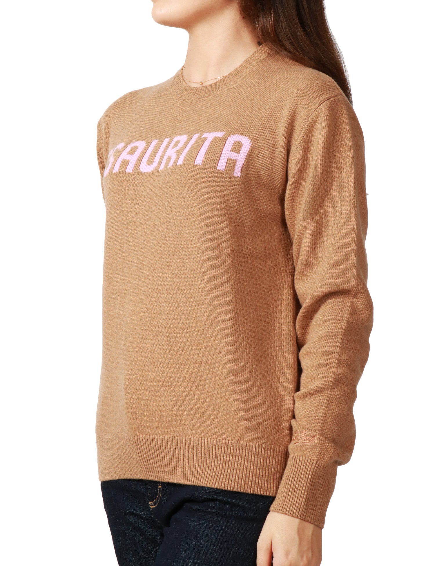 MAGLIONE DONNA MC 2 SAINT BARTH CAMEL CON SCRITTA "ESAURITA" IN MISTO CASHMERE