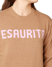 MAGLIONE DONNA MC 2 SAINT BARTH CAMEL CON SCRITTA "ESAURITA" IN MISTO CASHMERE