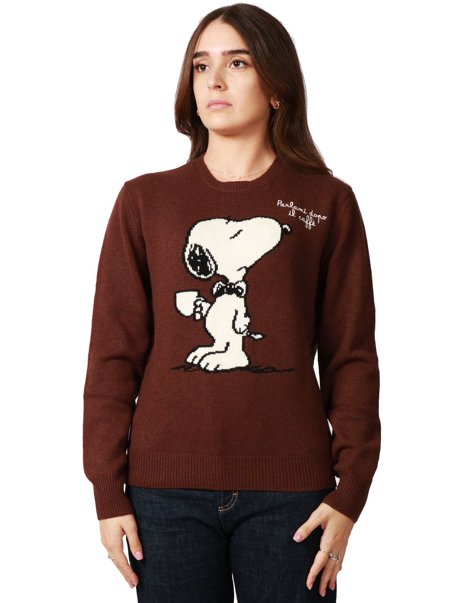 MAGLIONE DONNA MC 2 SAINT BARTH BROWN CON STAMPA SNOOPY E RICAMO "PARLAMI DOPO IL CAFFè"