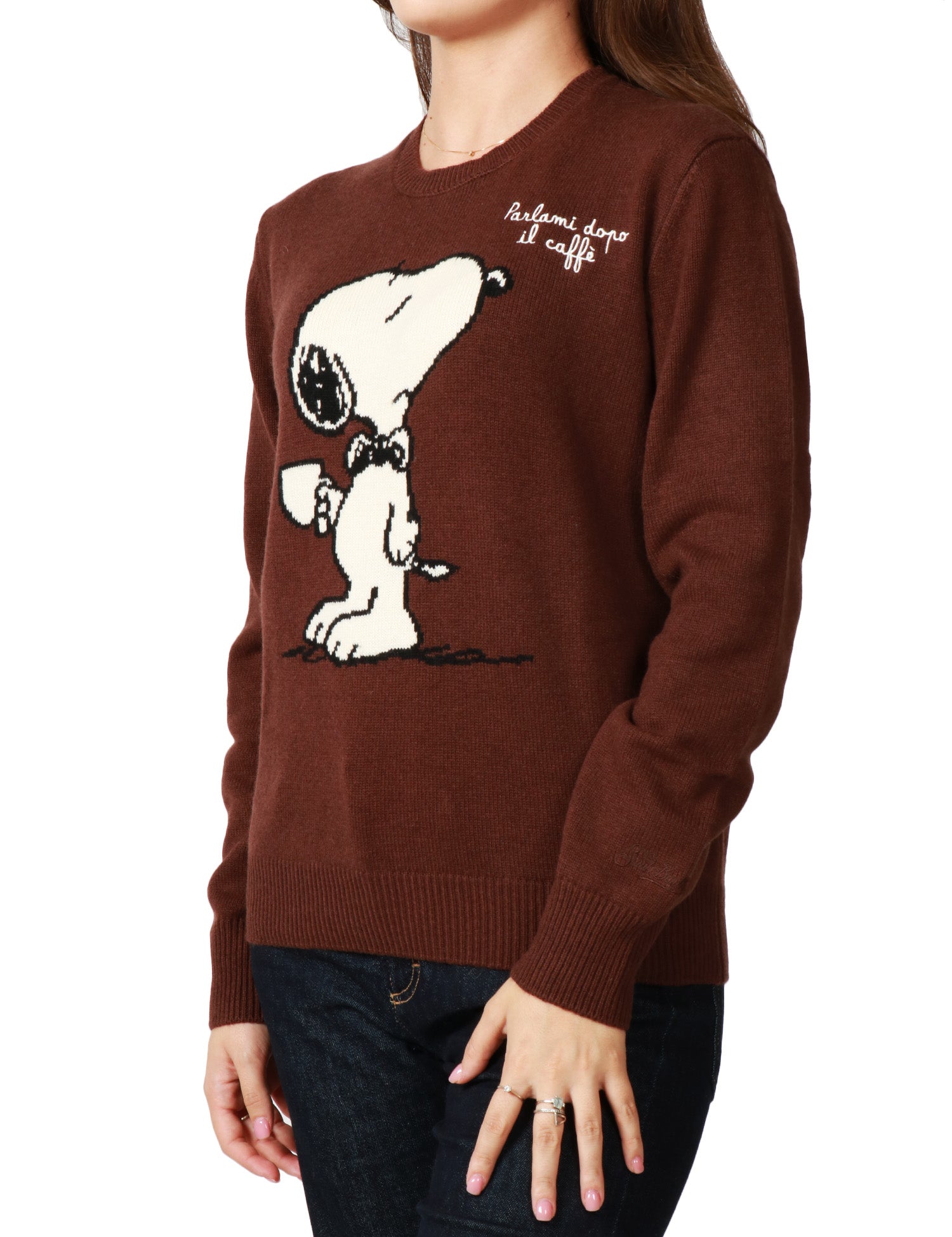 MAGLIONE DONNA MC 2 SAINT BARTH BROWN CON STAMPA SNOOPY E RICAMO "PARLAMI DOPO IL CAFFè"