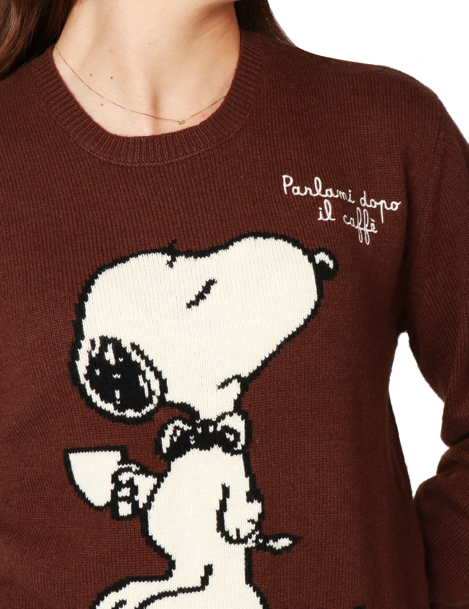 MAGLIONE DONNA MC 2 SAINT BARTH BROWN CON STAMPA SNOOPY E RICAMO "PARLAMI DOPO IL CAFFè"