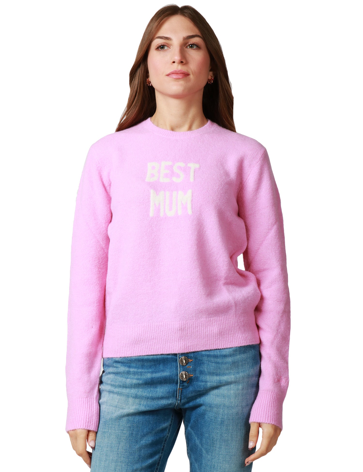 MAGLIA DONNA MC 2 SAINT BARTH ROSA BUBBLE GIROCOLLO IN MISTO LANA MERINO E ALPACA CON SCRITTA JACQUARD "BEST MUM"