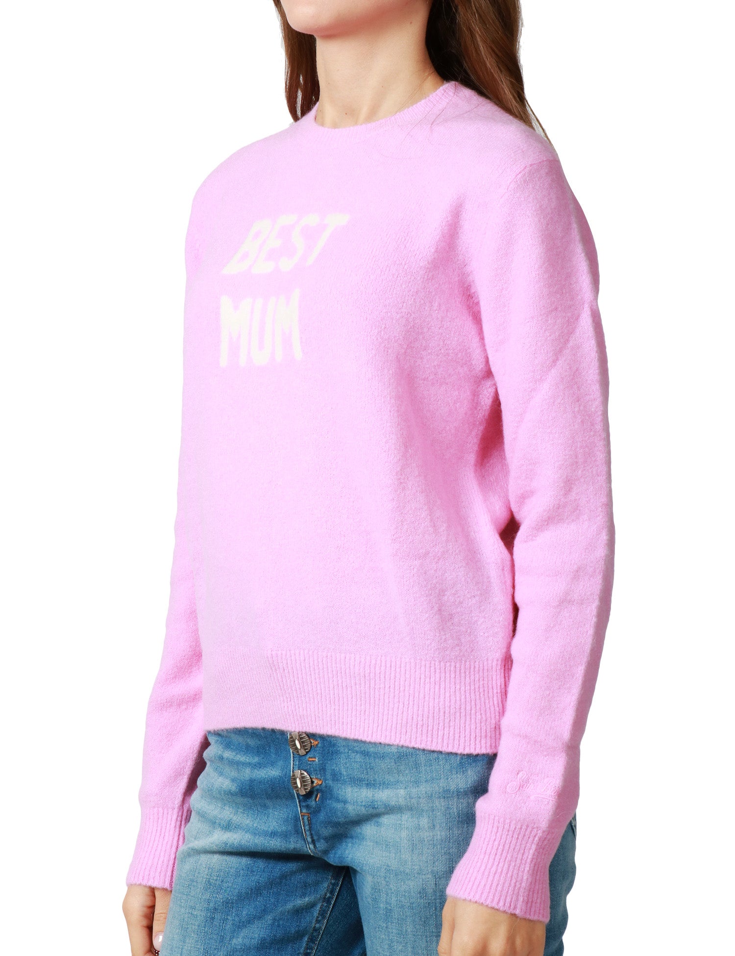 MAGLIA DONNA MC 2 SAINT BARTH ROSA BUBBLE GIROCOLLO IN MISTO LANA MERINO E ALPACA CON SCRITTA JACQUARD "BEST MUM"