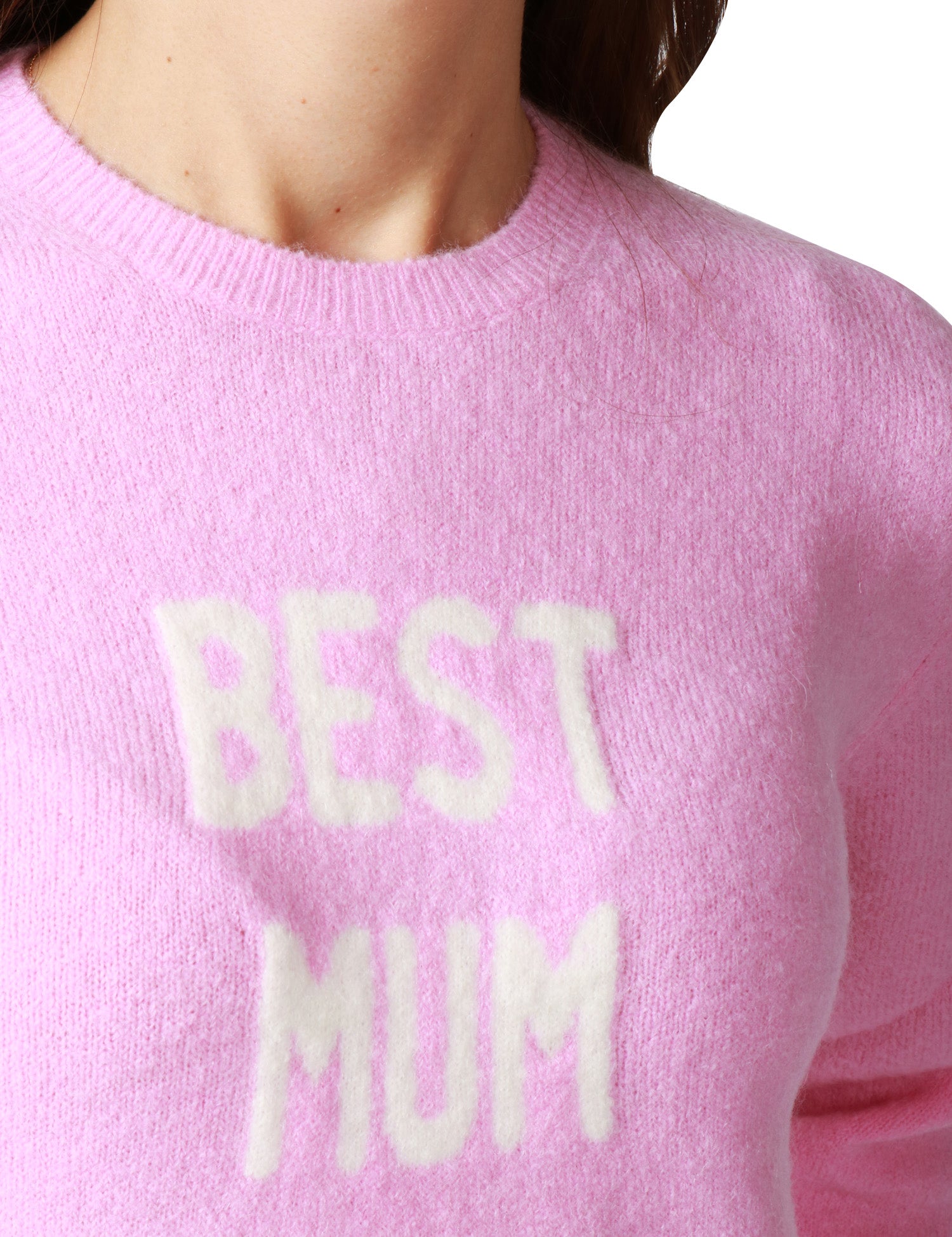 MAGLIA DONNA MC 2 SAINT BARTH ROSA BUBBLE GIROCOLLO IN MISTO LANA MERINO E ALPACA CON SCRITTA JACQUARD "BEST MUM"