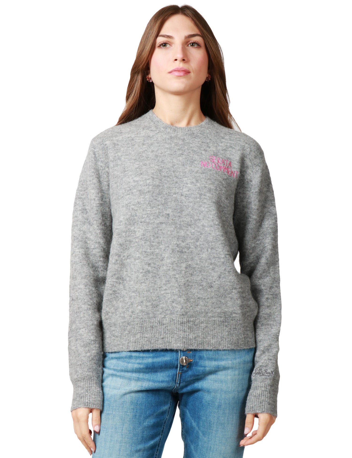 MAGLIONE DONNA MC 2 SAINT BARTH GRIGIO GIROCOLLO CON RICAMO "SERATA NO COMMENT" IN MISTO LANA MERINO E ALPACA