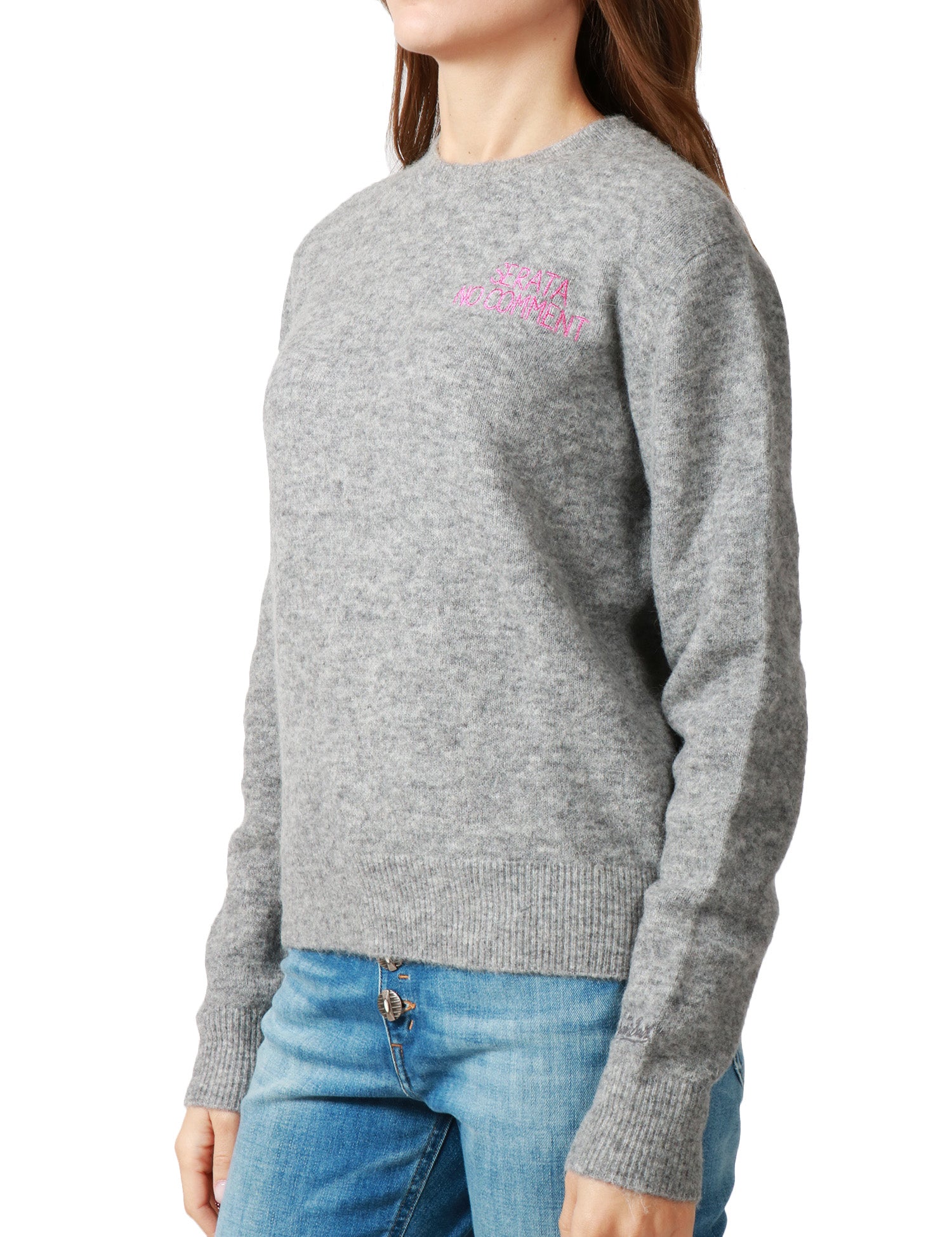 MAGLIONE DONNA MC 2 SAINT BARTH GRIGIO GIROCOLLO CON RICAMO "SERATA NO COMMENT" IN MISTO LANA MERINO E ALPACA