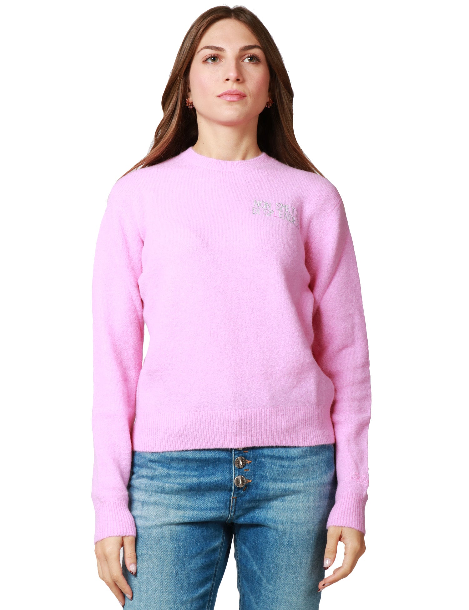MAGLIONE DONNA MC 2 SAINT BARTH ROSA BUBBLE GIROCOLLO IN MISTO LANA MERINO E ALPACA CON RICAMO "NON SMETTO DI SPLENDERE"