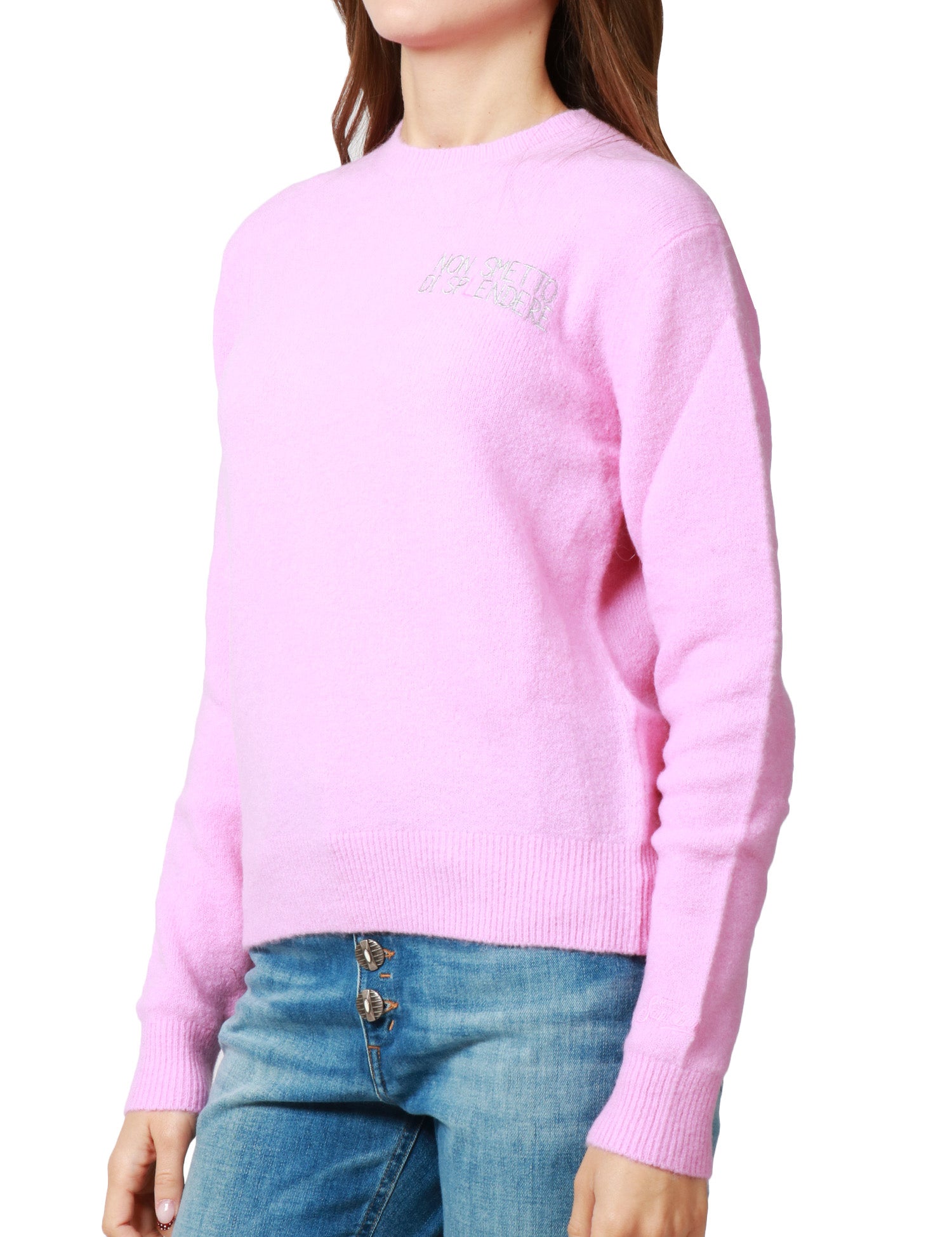 MAGLIONE DONNA MC 2 SAINT BARTH ROSA BUBBLE GIROCOLLO IN MISTO LANA MERINO E ALPACA CON RICAMO "NON SMETTO DI SPLENDERE"