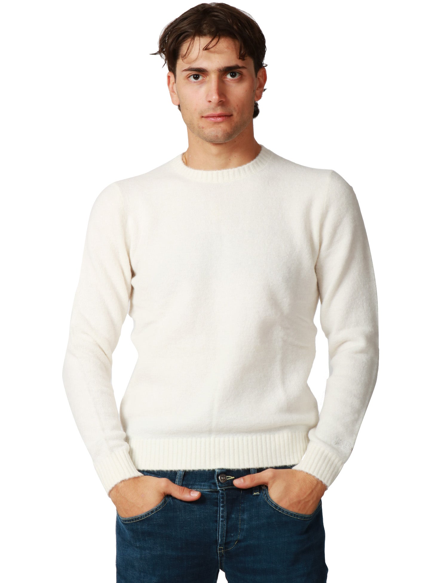 MAGLIONE UOMO MC 2 SAINT BARTH REGENT BIANCO GIROCOLLO IN MISTO ALPACA CON RICAMO LOGO SUL POLSO
