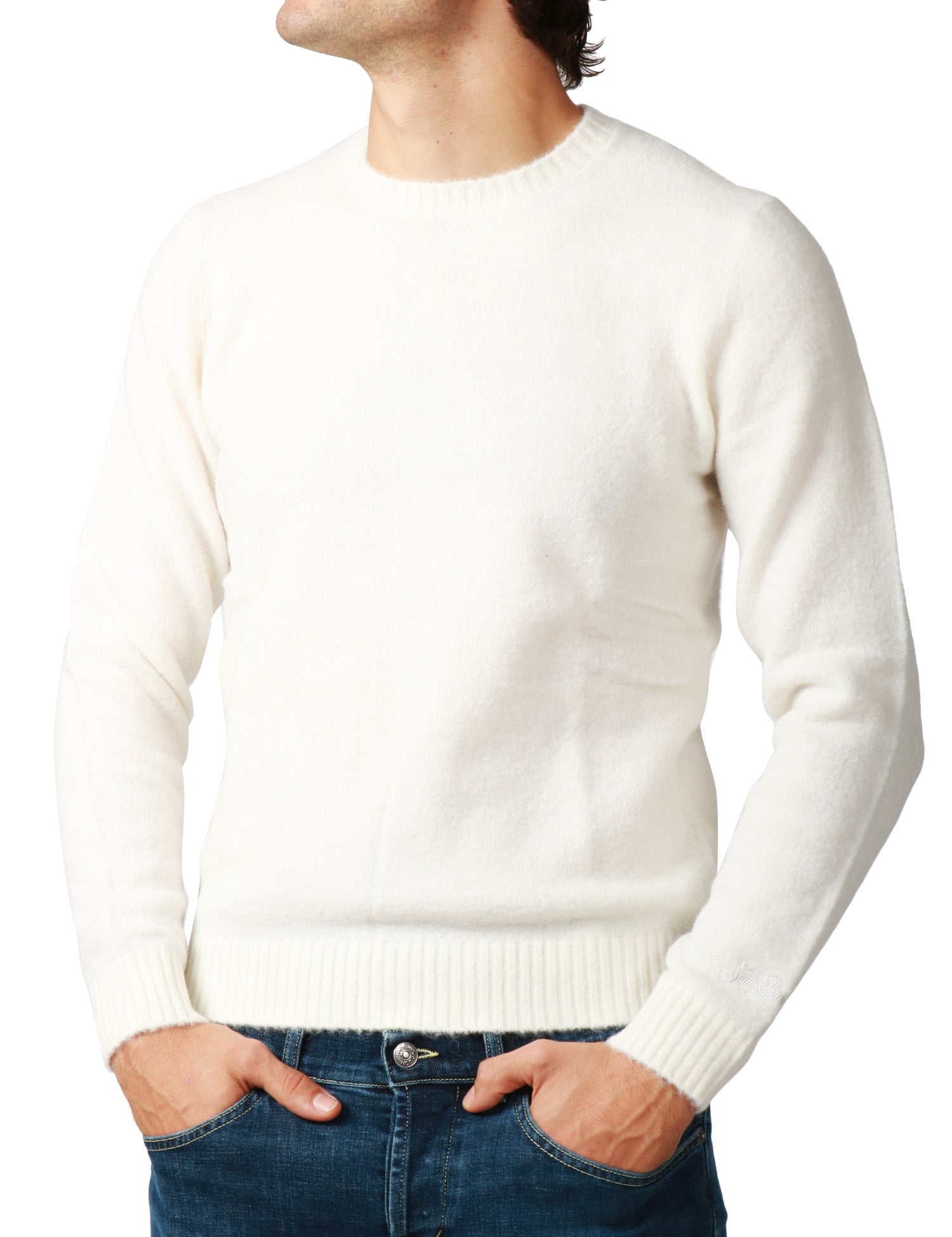 MAGLIONE UOMO MC 2 SAINT BARTH REGENT BIANCO GIROCOLLO IN MISTO ALPACA CON RICAMO LOGO SUL POLSO