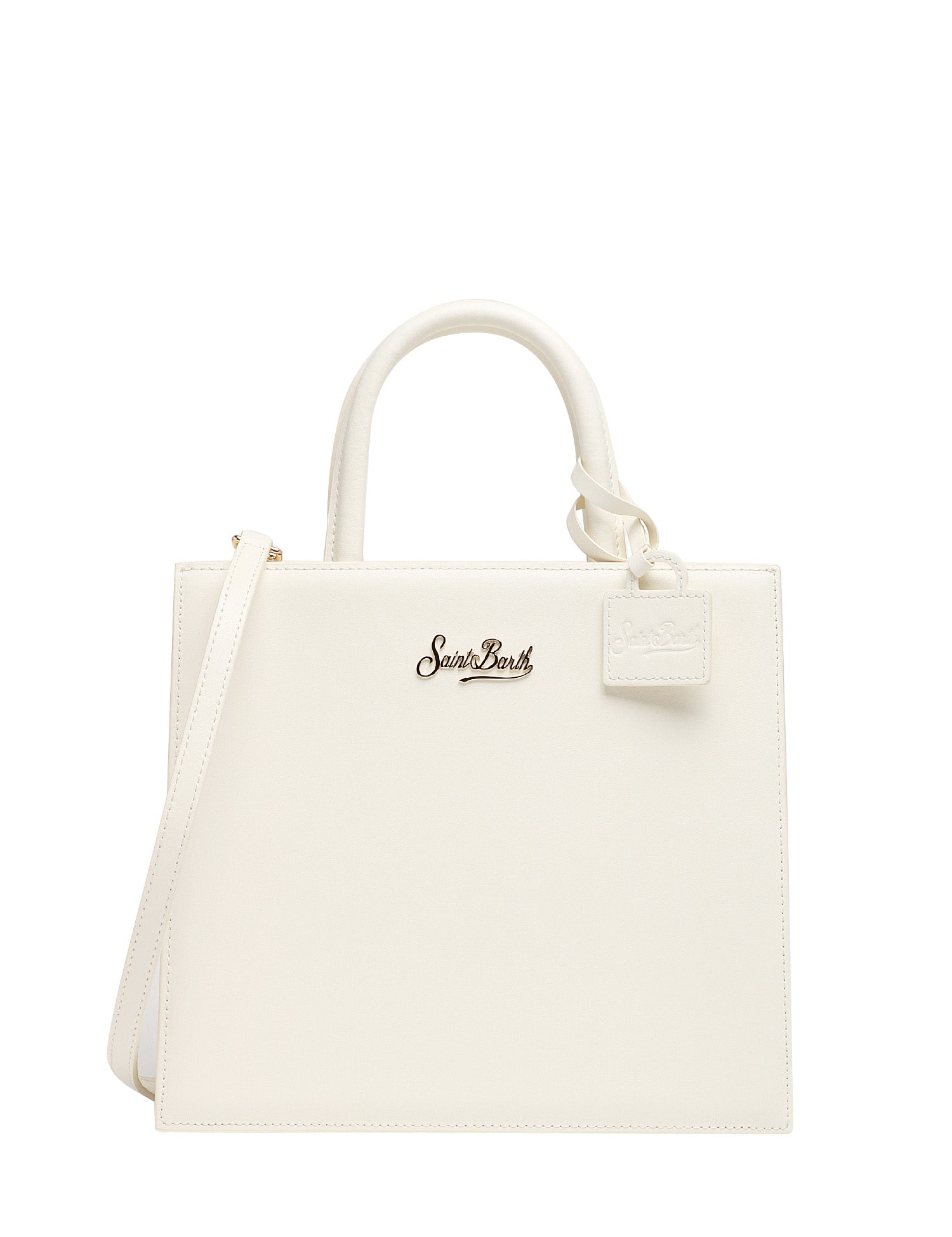 BORSA DONNA MC 2 SAINT BARTH SHOP BAG OFF WHITE IN PELLE LISCIA CON LOGO METALLICO FRONTALE