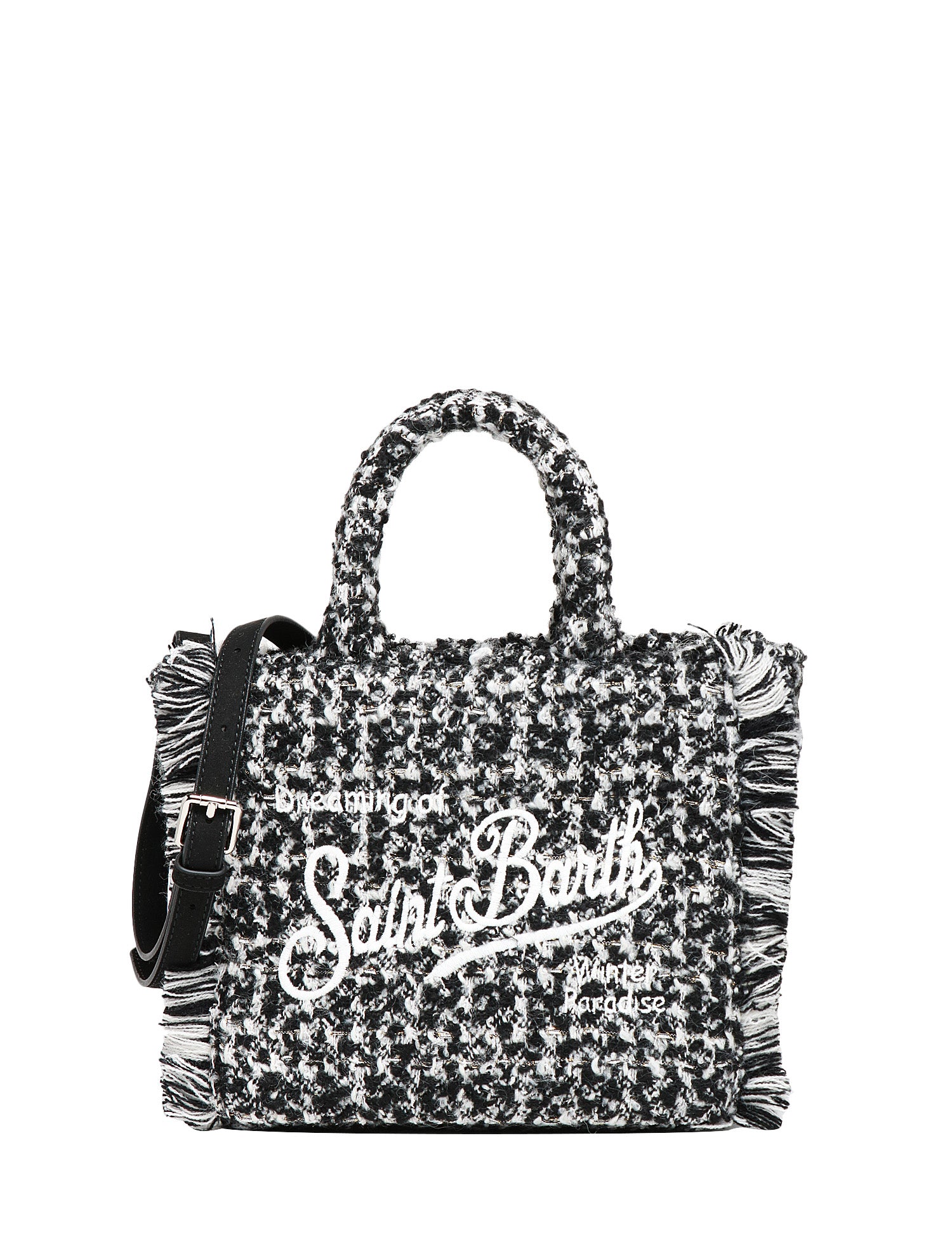 BORSA DONNA MC 2 SAINT BARTH VANITY MINI TWEED NERA CON LOGO RICAMATO E FRANGE