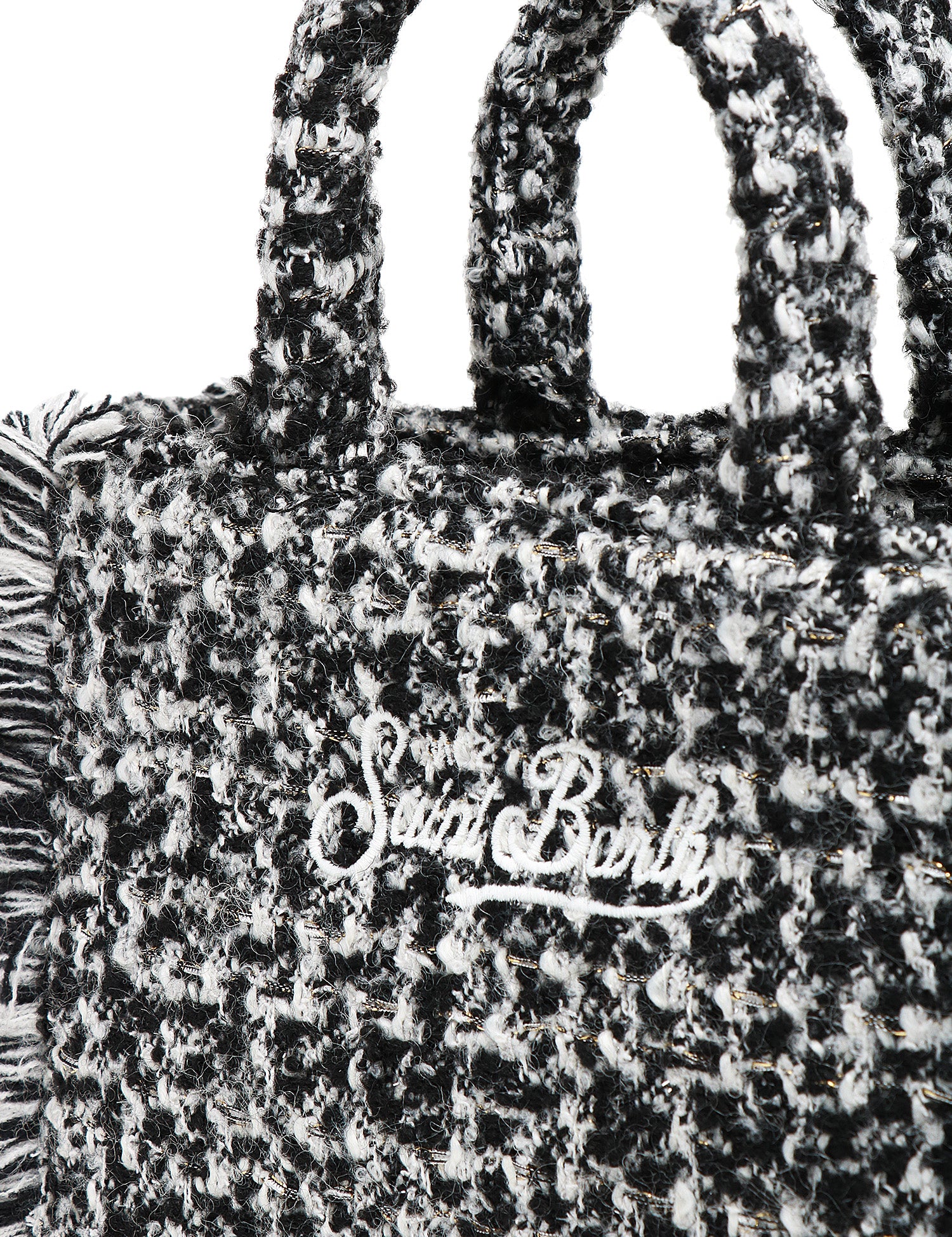 BORSA DONNA MC 2 SAINT BARTH VANITY MINI TWEED NERA CON LOGO RICAMATO E FRANGE