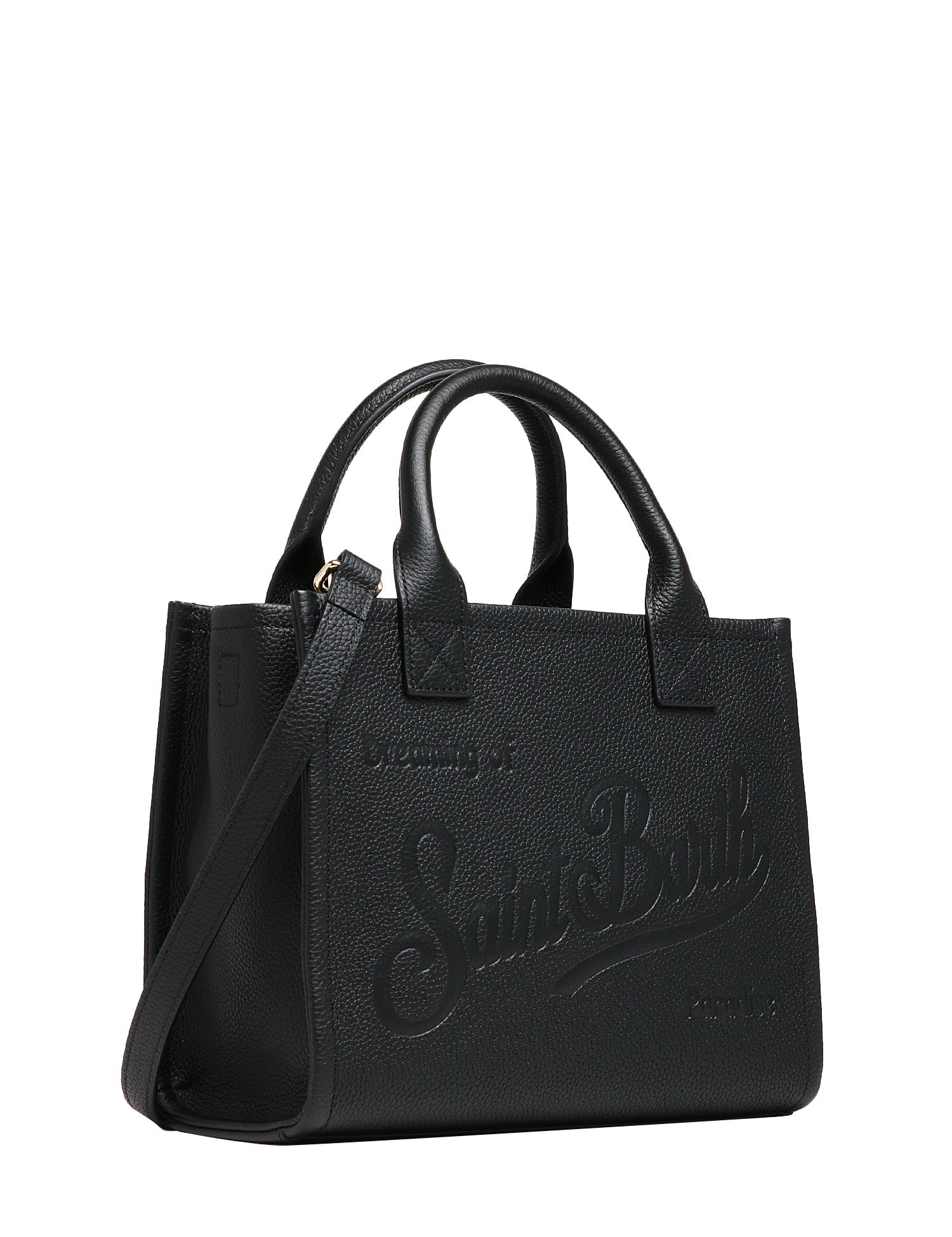 BORSA DONNA MC 2 SAINT BARTH VANITY BAG MIDI NERA IN PELLE MARTELLATA CON LOGO IMPRESSO A CALDO E MANICI