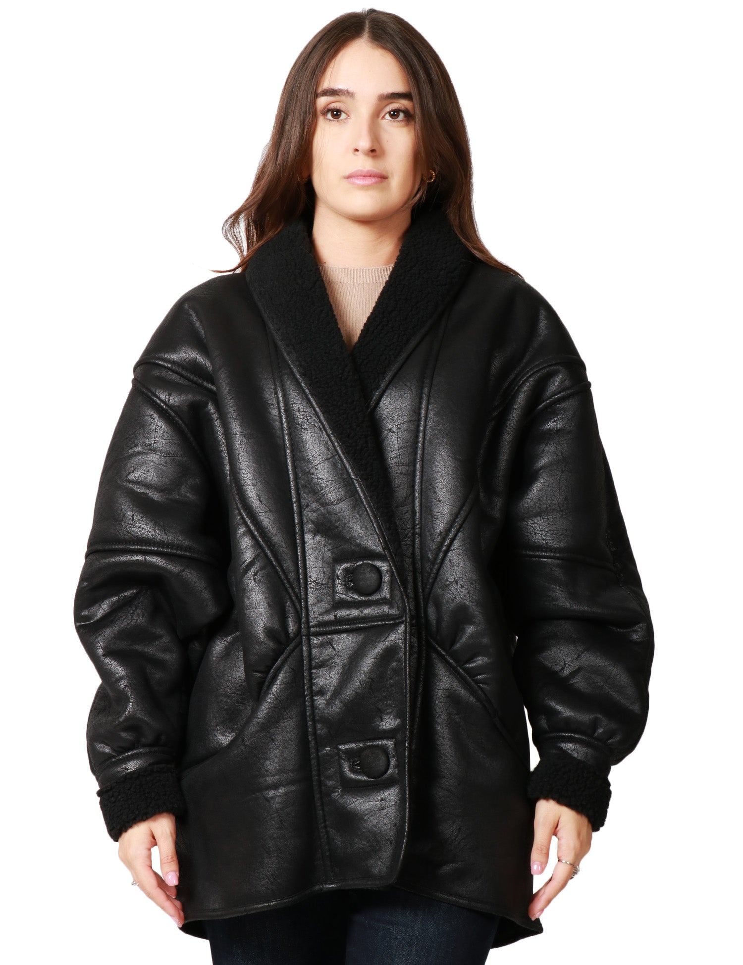 ECO-MONTONE DONNA NINEMINUTES NERO SHEARLING CON DUE BOTTONI E MANICA VOLUMINOSA