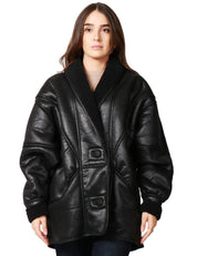 ECO-MONTONE DONNA NINEMINUTES NERO SHEARLING CON DUE BOTTONI E MANICA VOLUMINOSA