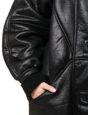 ECO-MONTONE DONNA NINEMINUTES NERO SHEARLING CON DUE BOTTONI E MANICA VOLUMINOSA