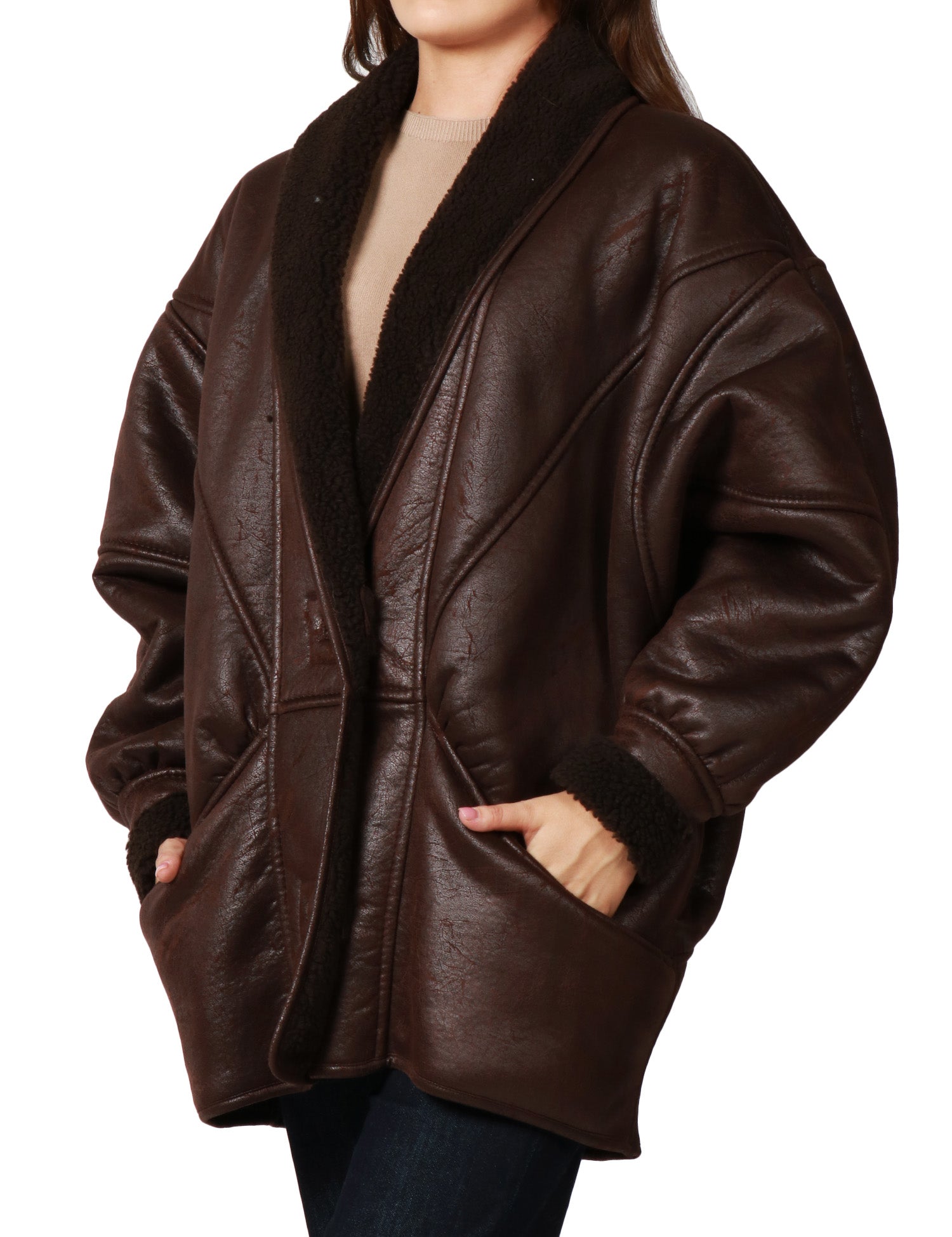 ECO-MONTONE DONNA NINEMINUTES BROWN SHEARLING CON DUE BOTTONI E MANICA VOLUMINOSA