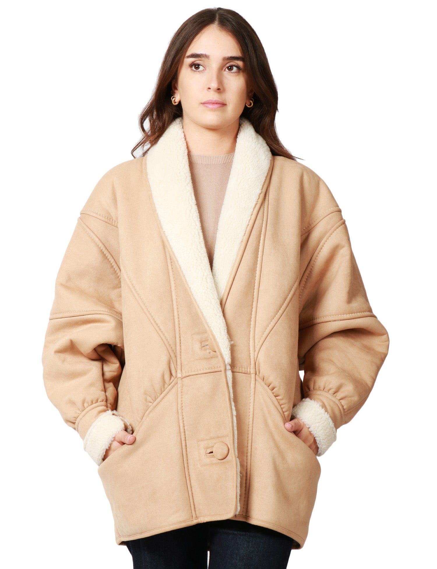 ECOMONTONE DONNA NINEMINUTES COFFEE SHEARLING CON DUE BOTTONI E MANICA VOLUMINOSA