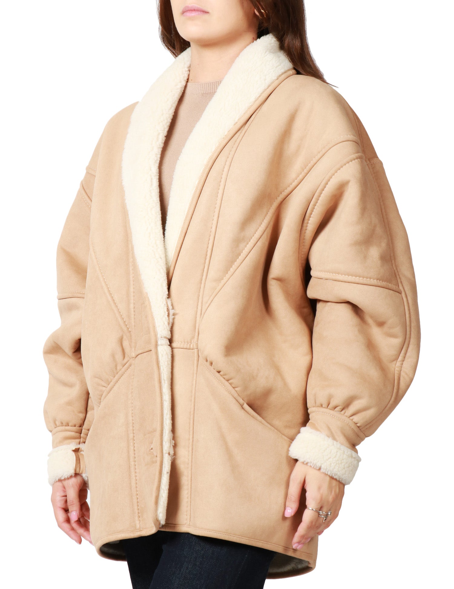 ECOMONTONE DONNA NINEMINUTES COFFEE SHEARLING CON DUE BOTTONI E MANICA VOLUMINOSA