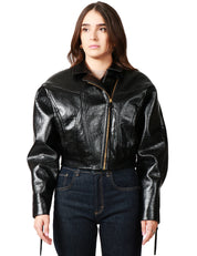 BOMBER DONNA NINEMINUTES NERO TAGLIO CROP IN ECO-PELLE MARTELLATA CON SPALLA VOLUMINOSA