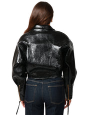 BOMBER DONNA NINEMINUTES NERO TAGLIO CROP IN ECO-PELLE MARTELLATA CON SPALLA VOLUMINOSA