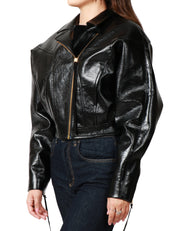 BOMBER DONNA NINEMINUTES NERO TAGLIO CROP IN ECO-PELLE MARTELLATA CON SPALLA VOLUMINOSA