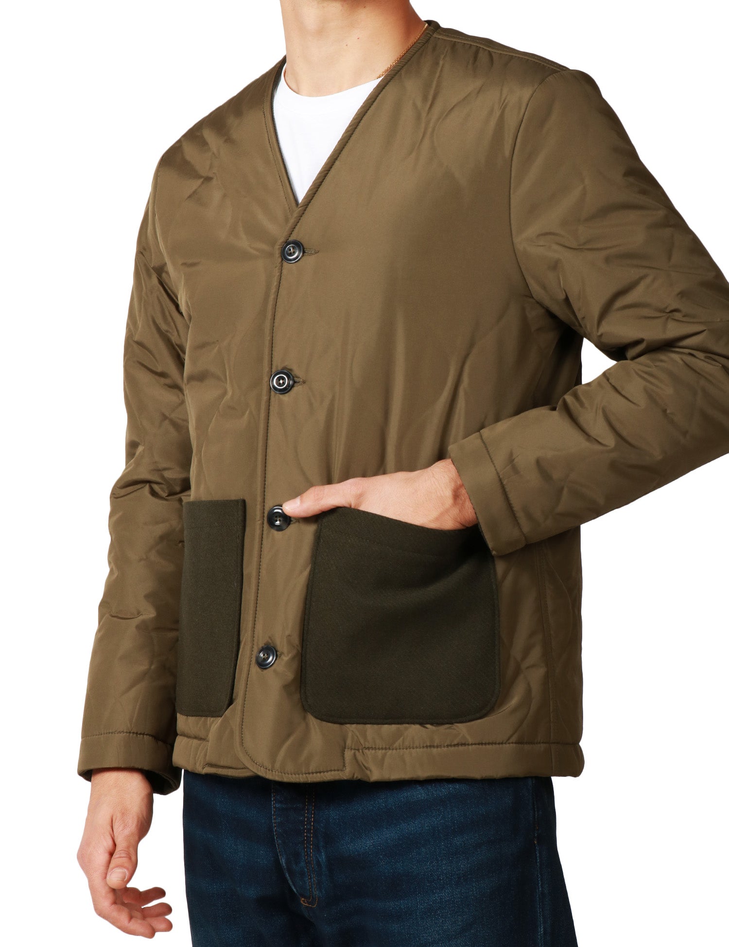 GIUBBOTTO UOMO OFFICINA 36 MILITARE IN NYLON TRAPUNTATO CON TASCHE IN LANA A TOPPA APPLICATE