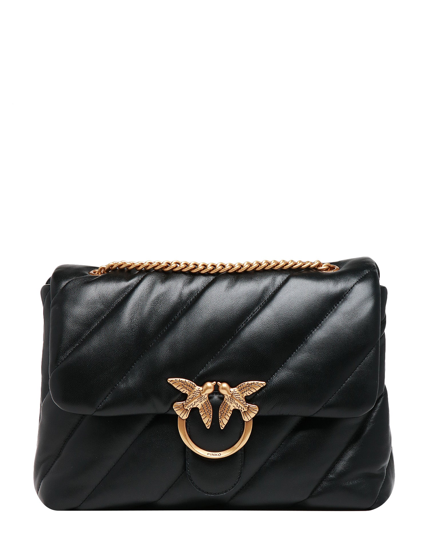 BORSA PINKO BIG LOVE BAG PUFF NERA IN NAPPA CON MAXI TRAPUNTATURA OBLIQUA E FIBBIA LOVE BIRDS IN METALLO DORATO