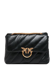 BORSA PINKO BIG LOVE BAG PUFF NERA IN NAPPA CON MAXI TRAPUNTATURA OBLIQUA E FIBBIA LOVE BIRDS IN METALLO DORATO