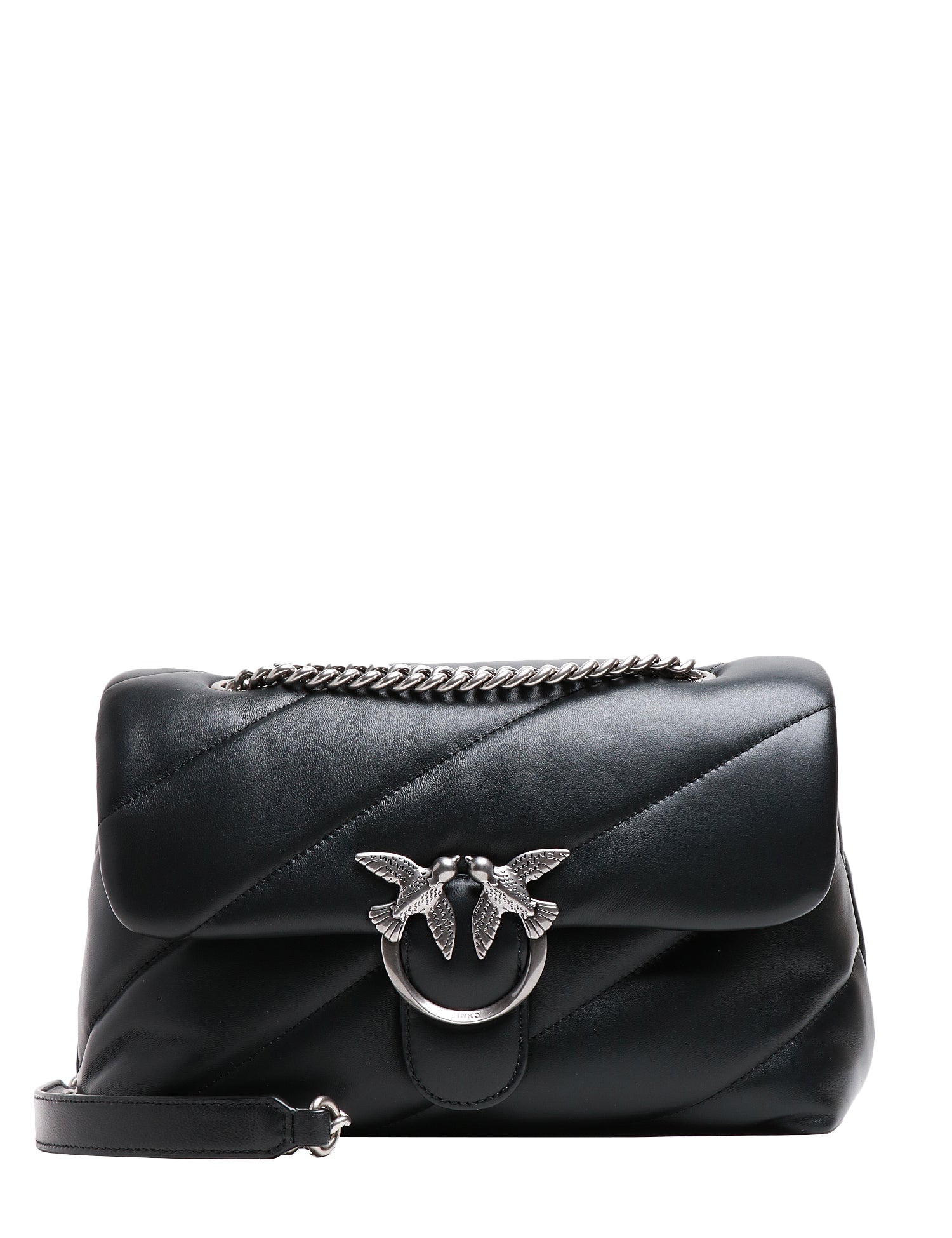 BORSA PINKO NERA CLASSIC LOVE BAG PUFF IN NAPPA TRAPUNTATA CON FIBBIA LOVE BIRDS E CATENA SILVER